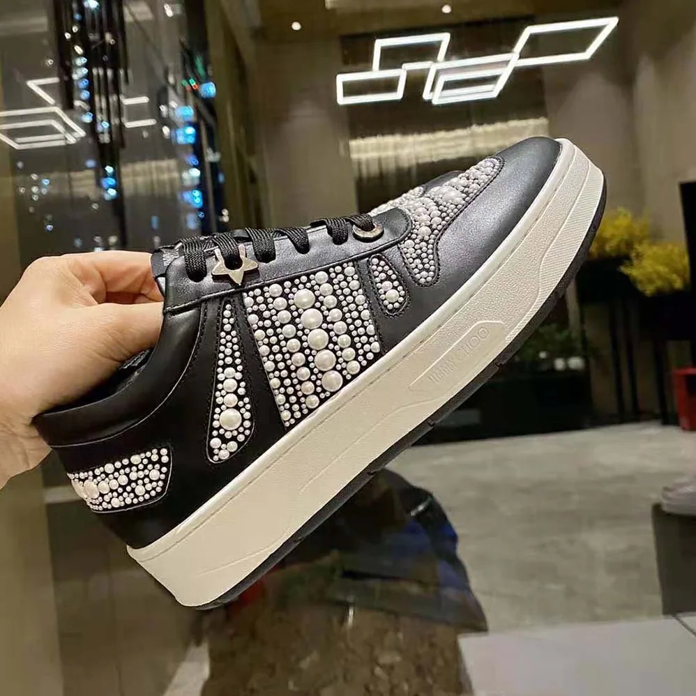Jimmy Choo Hawaii/F Black Calf Leather and Canvas Low Top Trainers for Women