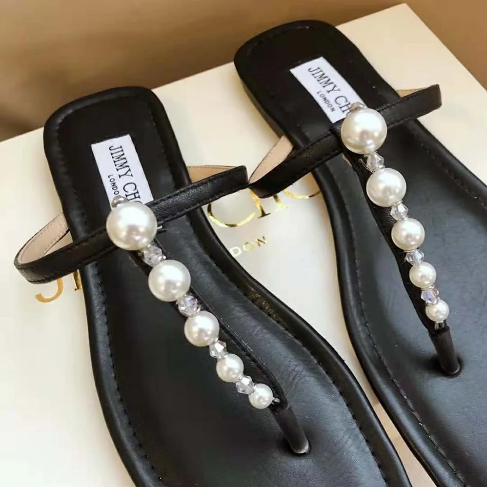 Jimmy Choo Alaina Flat Black Nappa Leather Flats with Pearl Embellishment for Women Jimmy Choo Alaina Flat Black Nappa Leather Flats with Pearl Embellishment for Women