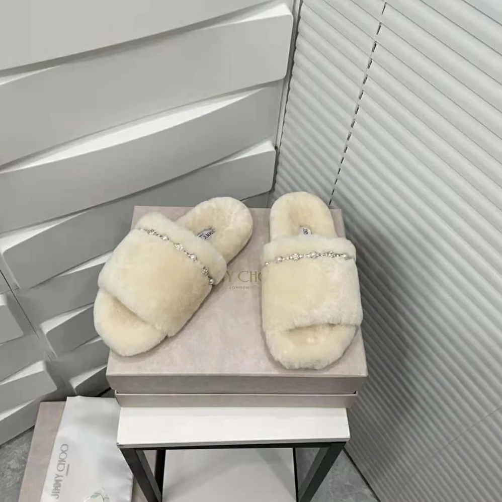 Jimmy Choo Acinda Slipper Natural Shearling Slippers with Crystal and Pearl Detailing for Women