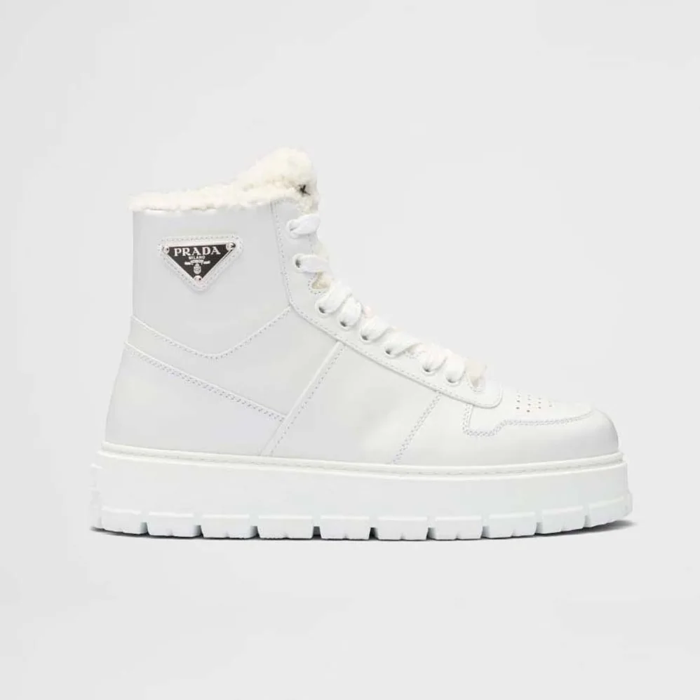 Prada Leather and Shearling High-Top Sneakers for Women in White Prada Leather and Shearling High-Top Sneakers for Women in White