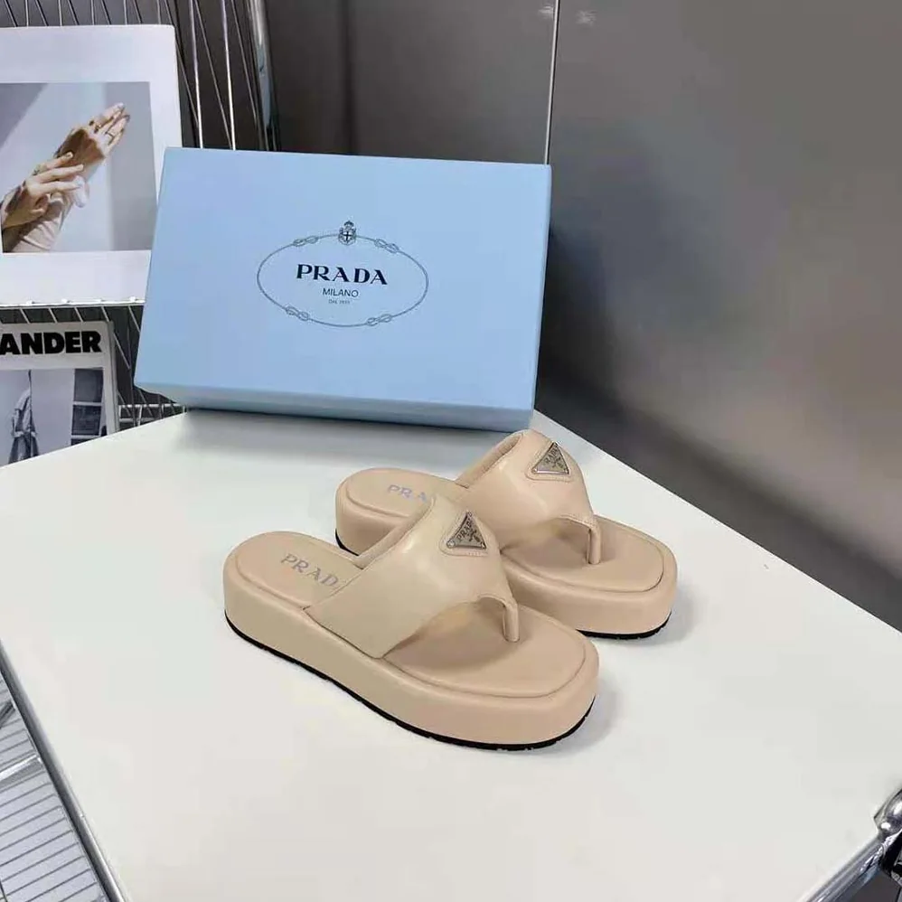 Prada Soft Padded Nappa Leather Thong Wedge Sandals for Women