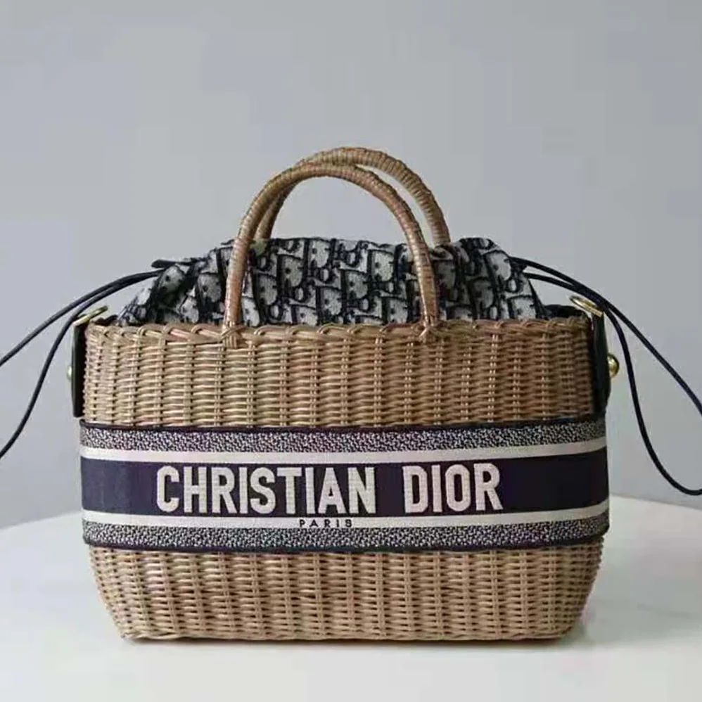 Dior Dior Wicker Basket Bag Blue Dior Oblique Jacquard and Natural Wicker for Women Dior Dior Wicker Basket Bag Blue Dior Oblique Jacquard and Natural Wicker for Women