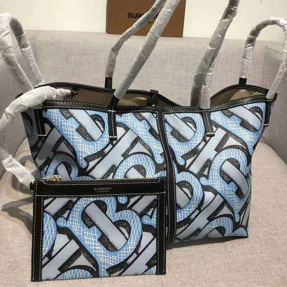 Burberry Mini Monogram Print E-canvas Beach Tote for Women in Blue Burberry Mini Monogram Print E-canvas Beach Tote for Women in Blue