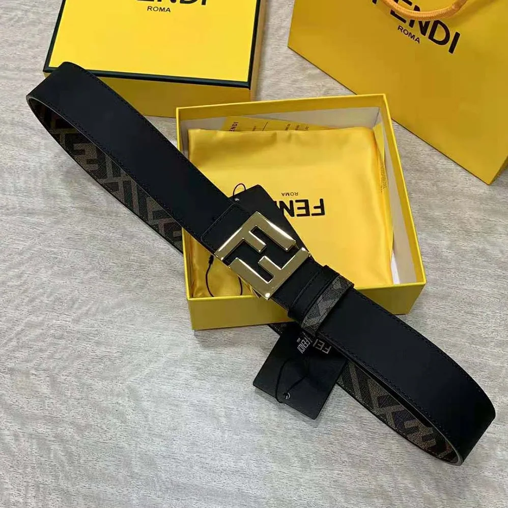 Fendi FF Rounded Belt Black Leather Reversible for Men in Gold