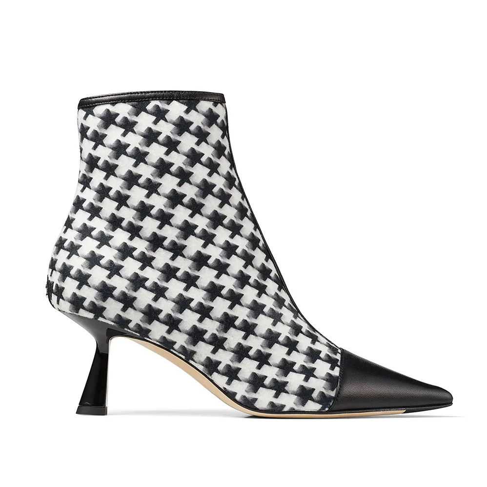 Jimmy Choo Kix/Z 65 Black Nappa and Latte and Black Star Houndstooth Printed Wool Ankle Boots for Women Jimmy Choo Kix/Z 65 Black Nappa and Latte and Black Star Houndstooth Printed Wool Ankle Boots for Women