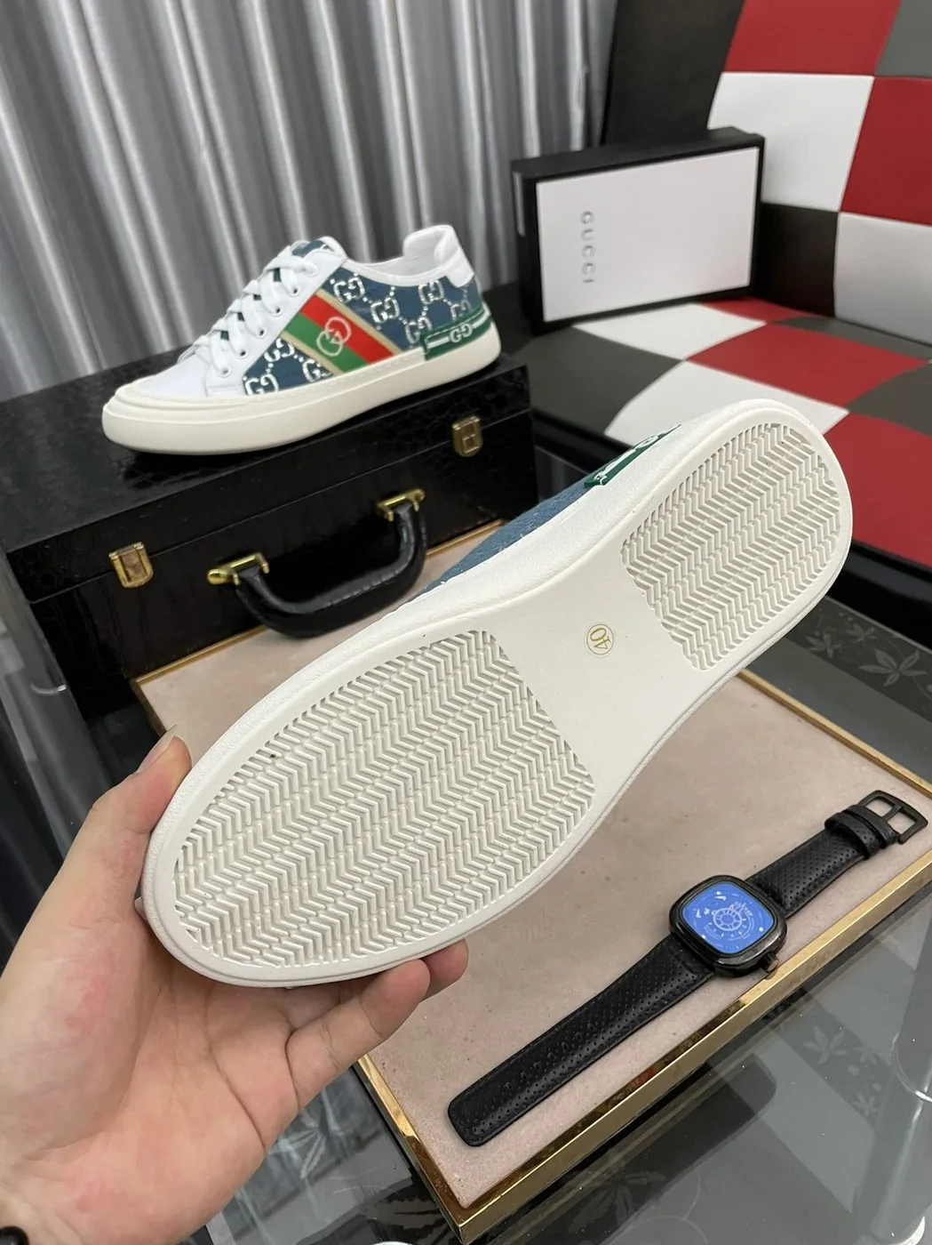 Gucci GG Embroidery Sneaker With Web White And Blue for Men