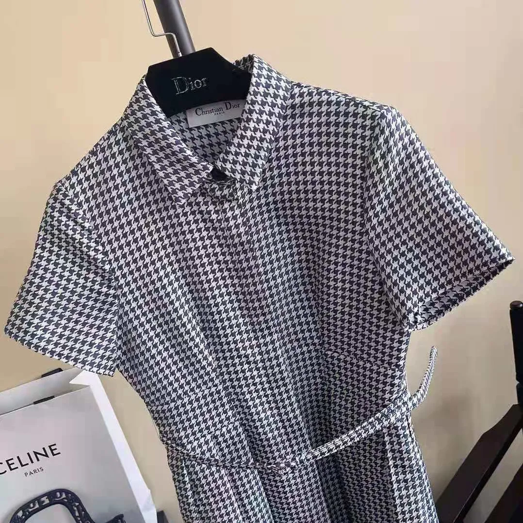 Dior Mid-Length Belted Dress Black and White Technical Cotton Jacquard and Silk for Women