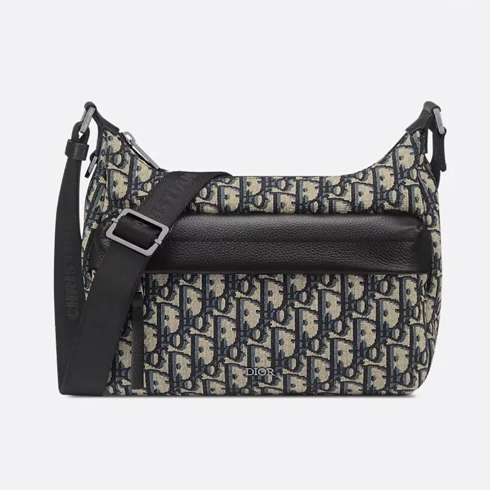 Dior Small Rider Soft Hobo Bag Beige and Black Dior Oblique Jacquard with Black Grained Calfskin for Men Dior Small Rider Soft Hobo Bag Beige and Black Dior Oblique Jacquard with Black Grained Calfskin for Men