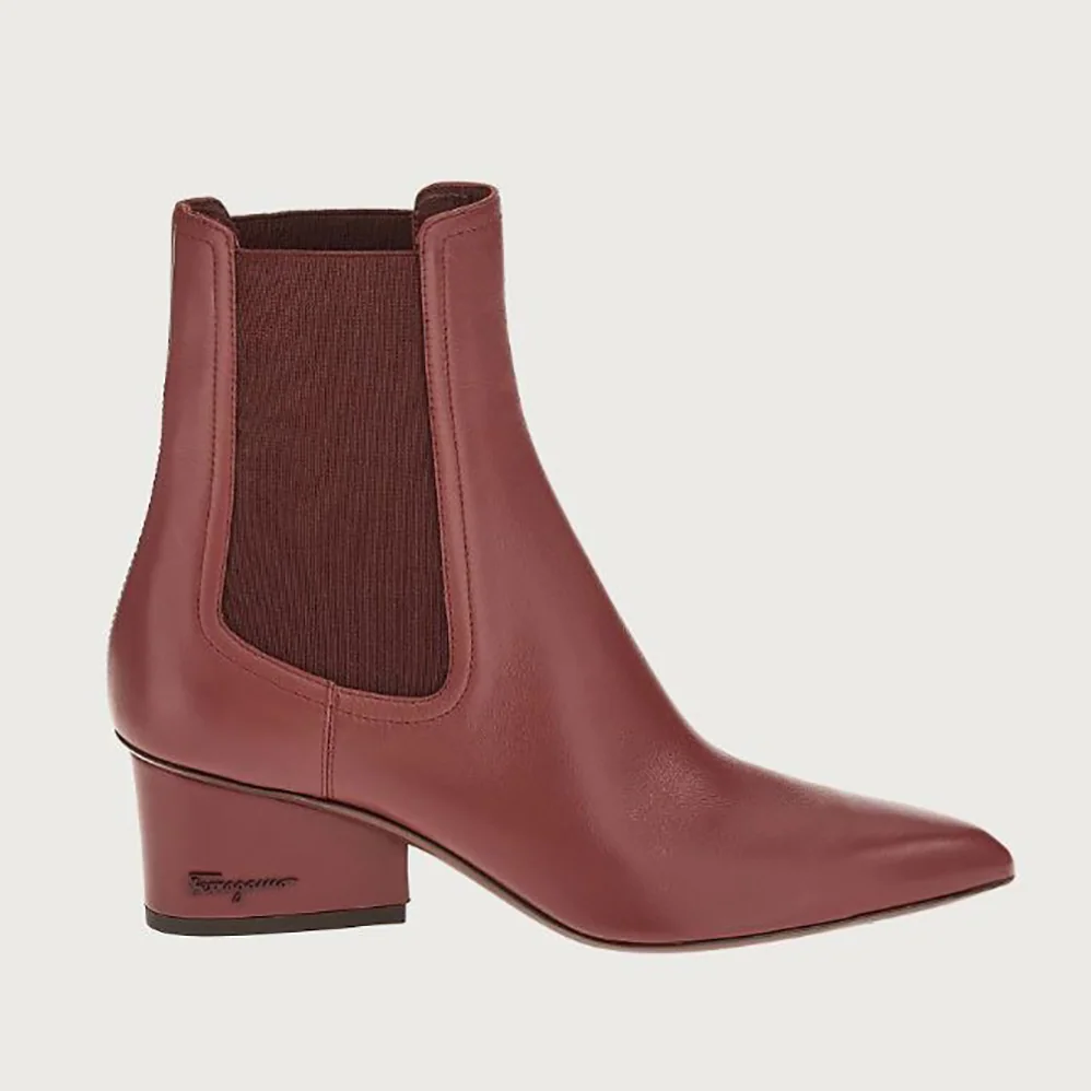 Salvatore Ferragamo Chelsea Boot in 55mm Heel for Women in Maroon Salvatore Ferragamo Chelsea Boot in 55mm Heel for Women in Maroon