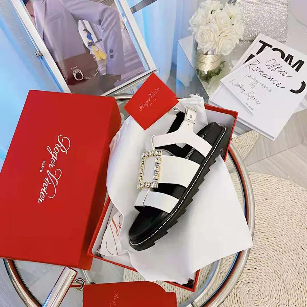 Roger Vivier Viv' Rangers Strass Buckle Sandals in Leather for Women in White