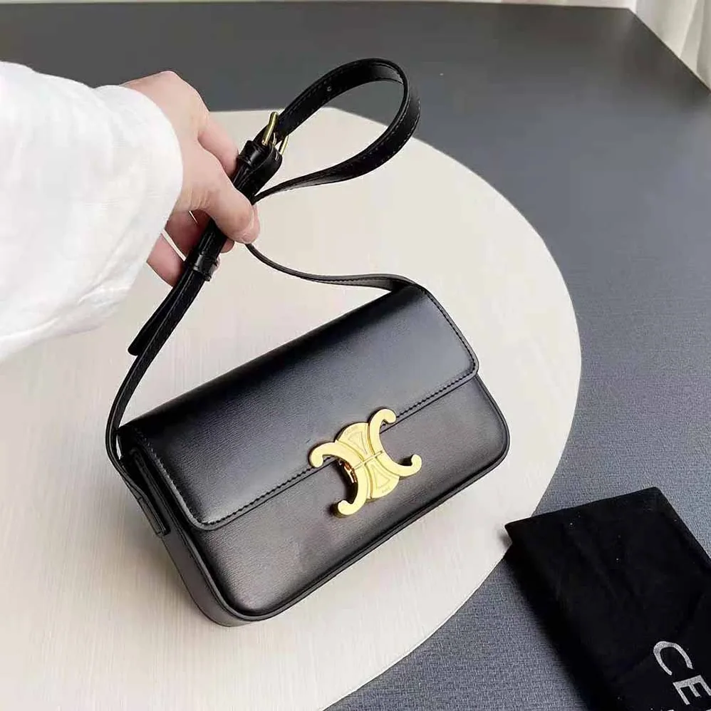 Celine Triomphe Shoulder Bag in Shiny Calfskin for Women in Black