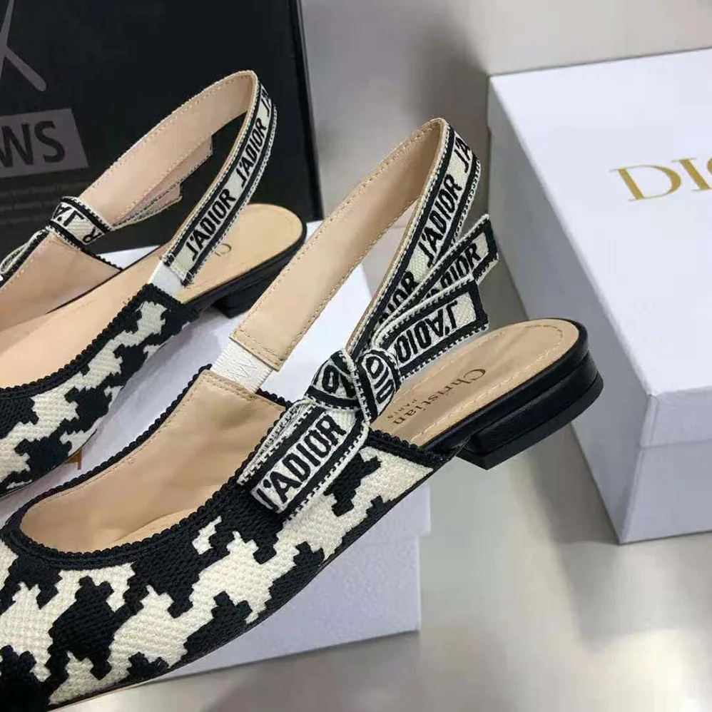 Dior J'Adior Slingback Ballerina Flat Black and White Cotton Embroidery for Women