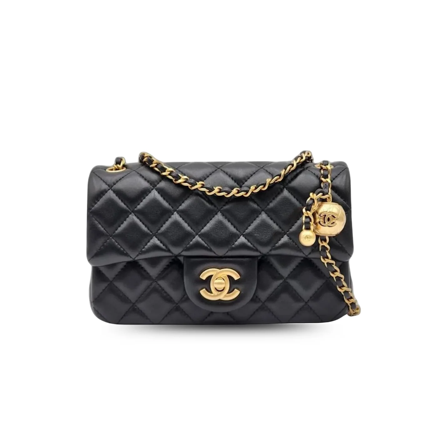 Chanel Flap Bag With CC Ball On Strap Small Crossbody in Black Gold Hardware