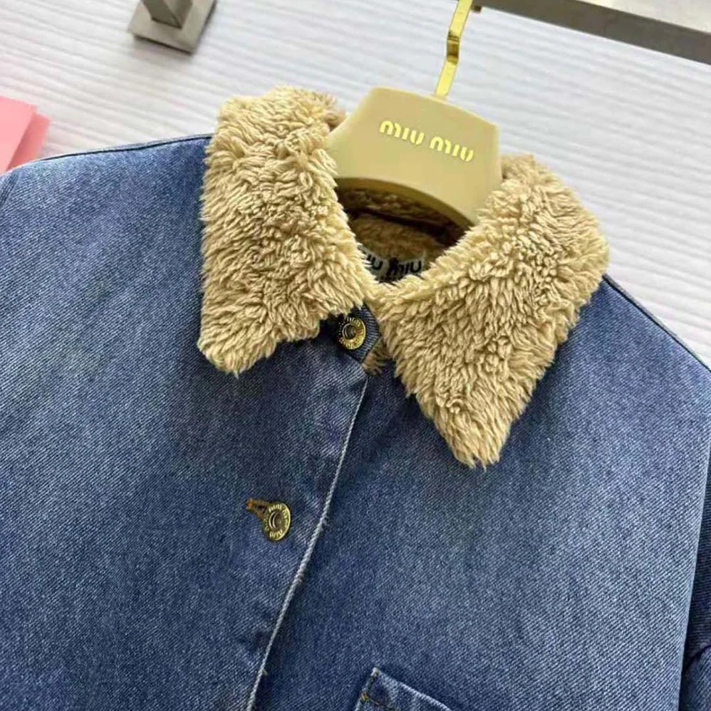 Miu Miu Embroidered Denim Blouson Jacket with Embroidered Logo for Women