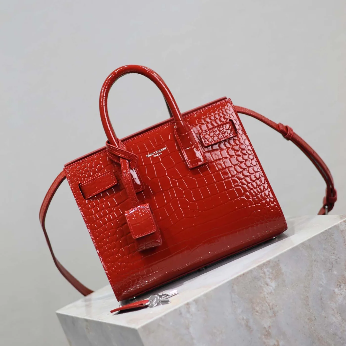 Saint Laurent YSL Sac De Jour in Crocodile Embossed Leather Nano for Women in Red Saint Laurent YSL Sac De Jour in Crocodile Embossed Leather Nano for Women in Red