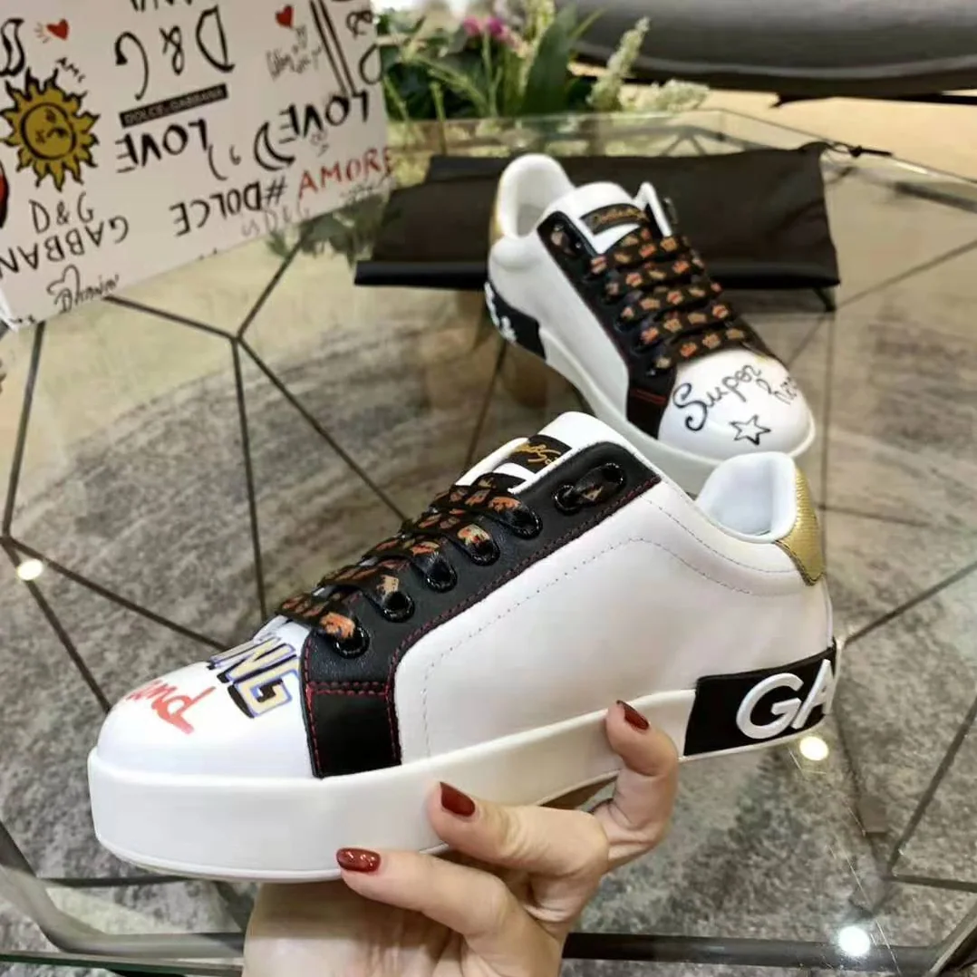 Dolce Gabbana D&G Portofino Sneakers in Printed Nappa Calfskin with Patch for Men in Black
