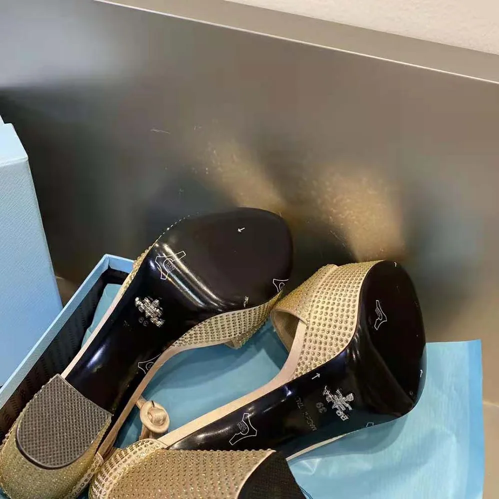 Prada Satin Platform Sandals with Crystals for Women in Gold