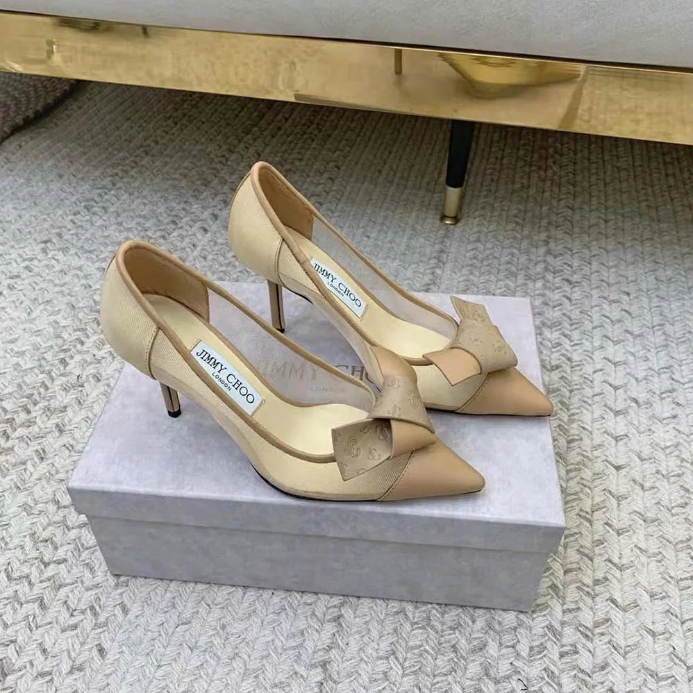 Jimmy Choo Lani 100 Caramel Mesh Pumps with JC Monogram Leather Bow for Women Jimmy Choo Lani 100 Caramel Mesh Pumps with JC Monogram Leather Bow for Women