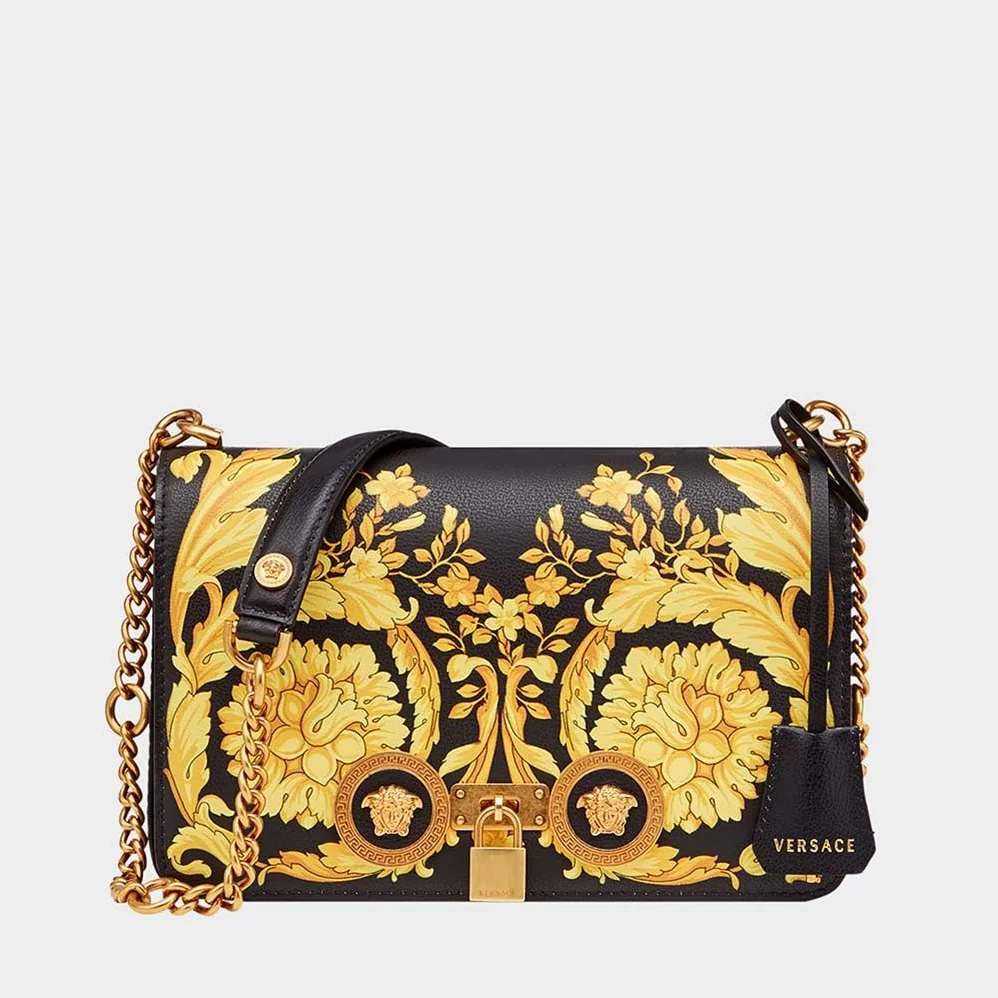 Versace Small Barocco Icon Shoulder Bag Calf Leather for Women in Black Versace Small Barocco Icon Shoulder Bag Calf Leather for Women in Black