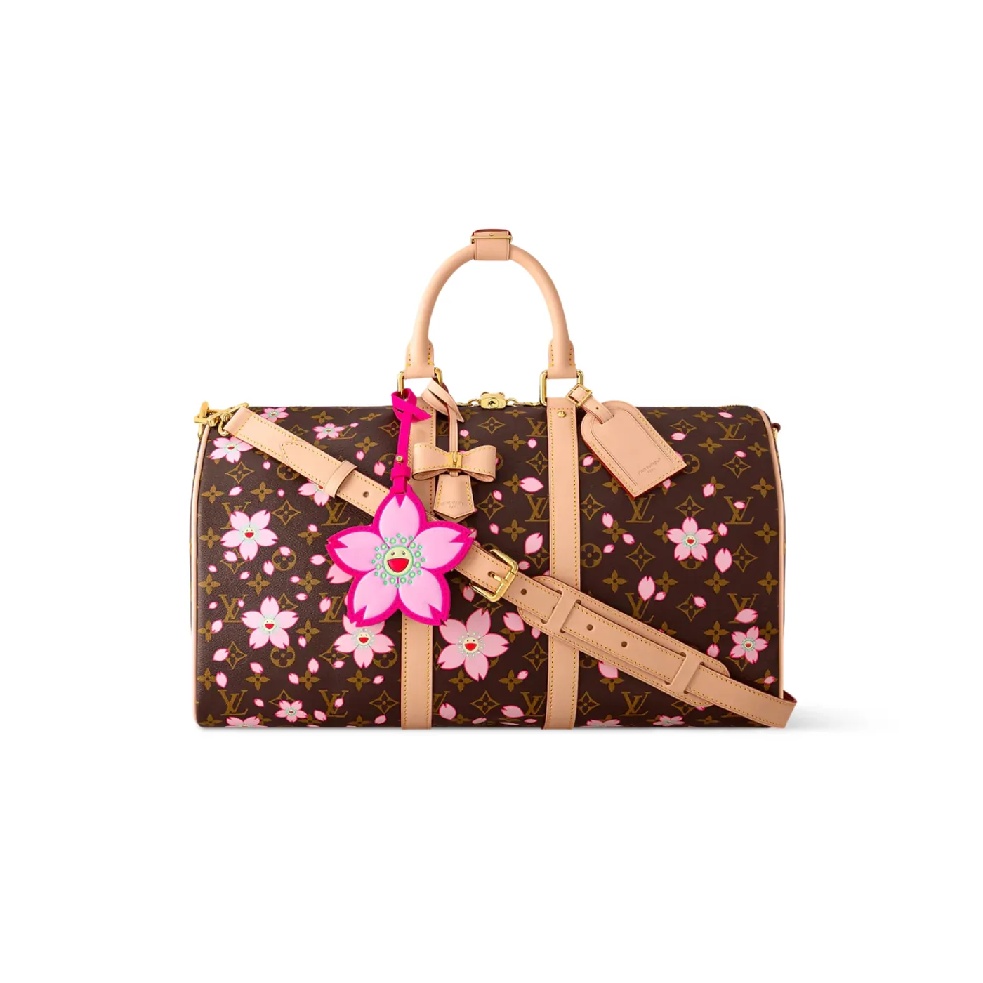 Louis Vuitton LV x Murakami Keepall Bandouliere 45 Travel Bag in Sakura Brown Gold Hardware Louis Vuitton LV x Murakami Keepall Bandouliere 45 Travel Bag in Sakura Brown Gold Hardware