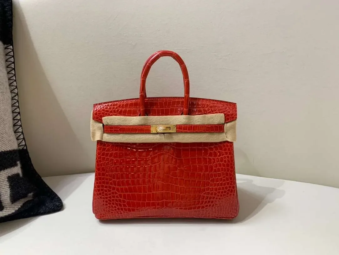 Hermes Braise Crocodile Birkin Top Handle Bag in Red Gold Hardware