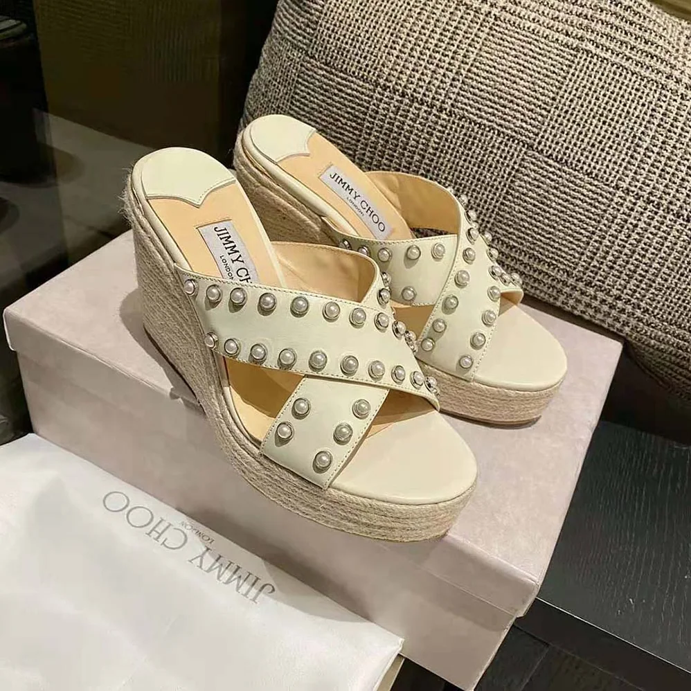 Jimmy Choo Dovina 100 Latte Nappa Wedges with Pearls for Women Jimmy Choo Dovina 100 Latte Nappa Wedges with Pearls for Women