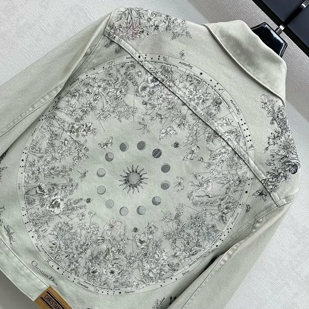Dior Jacket Cotton Denim with Sage Green Dior Astral Flowers Motif for Women Dior Jacket Cotton Denim with Sage Green Dior Astral Flowers Motif for Women