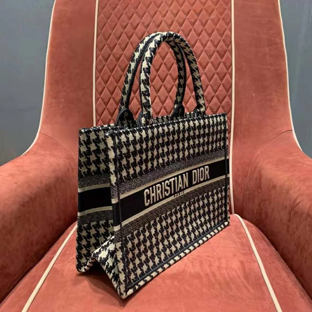 Dior Small Dior Book Tote Black Houndstooth Embroidery for Women