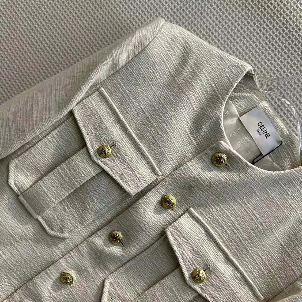 Celine Cropped Military Jacket in Silk Rush for Women in Beige