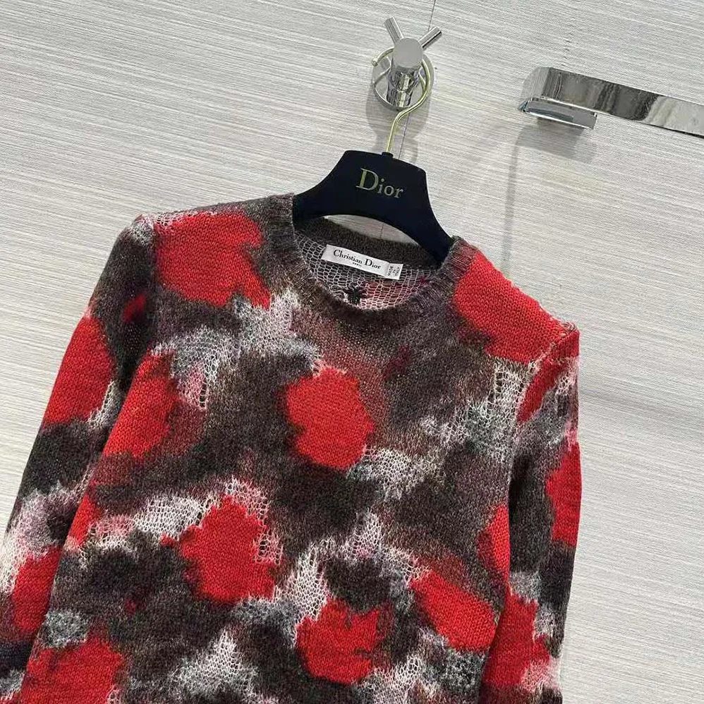 Dior Sweater Red Multicolor Technical Cashmere Mohair and Wool Knit with Dior Roses Motif for Men Dior Sweater Red Multicolor Technical Cashmere Mohair and Wool Knit with Dior Roses Motif for Men