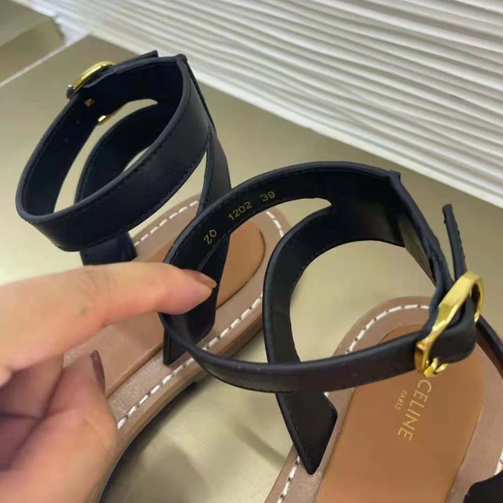 Celine Lympia Flat Strap Sandal in Raffia & Calfskin for Women in Black