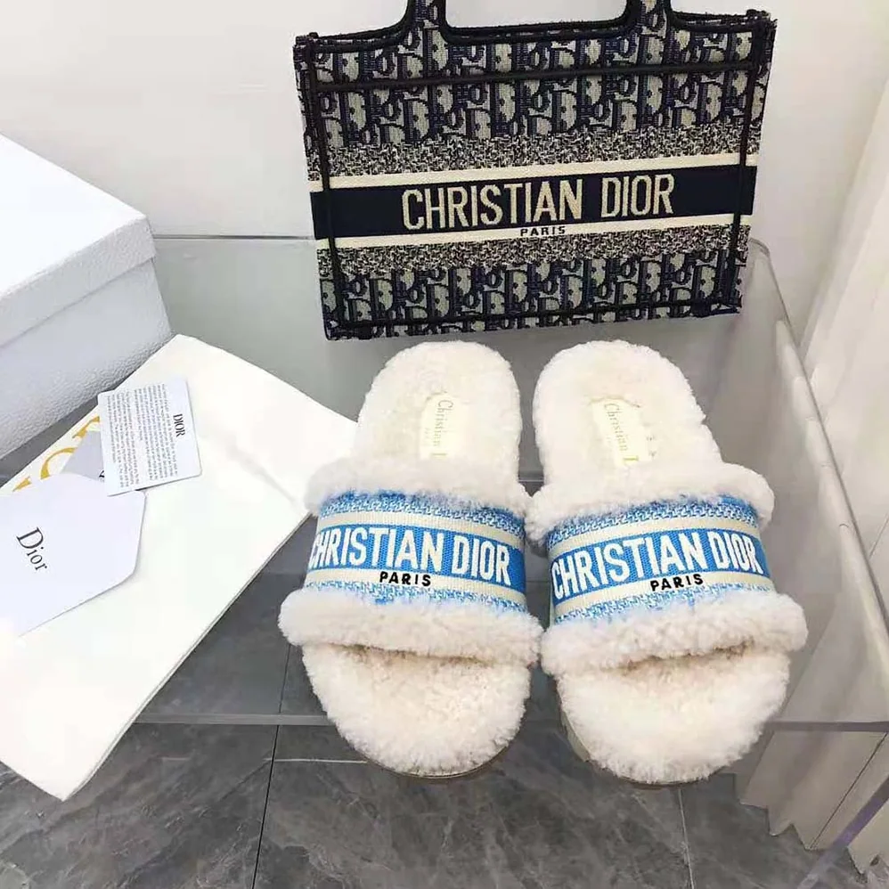Dior Dway Slide Cornflower Blue Embroidered Cotton and White Shearling for Women