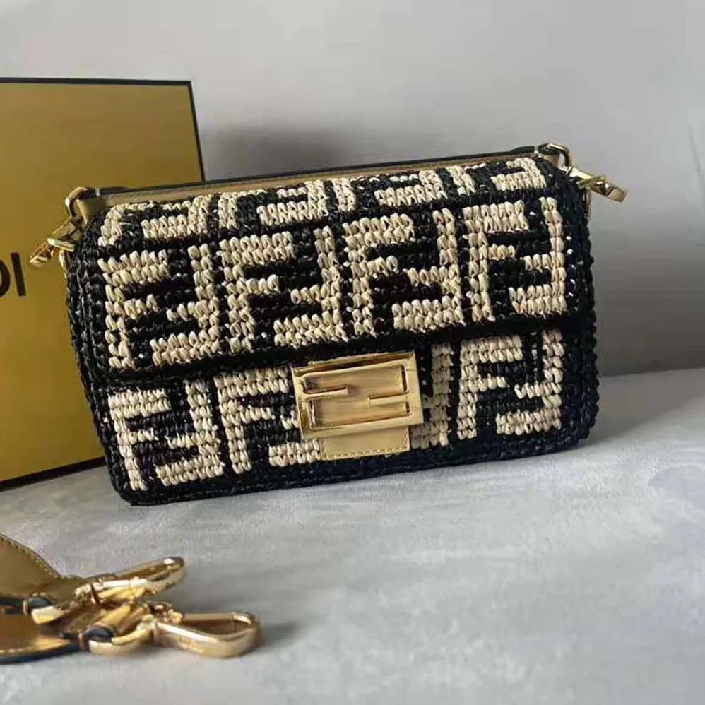 Fendi Baguette Black Raffia Back with Crocheted FF for Women Fendi Baguette Black Raffia Back with Crocheted FF for Women