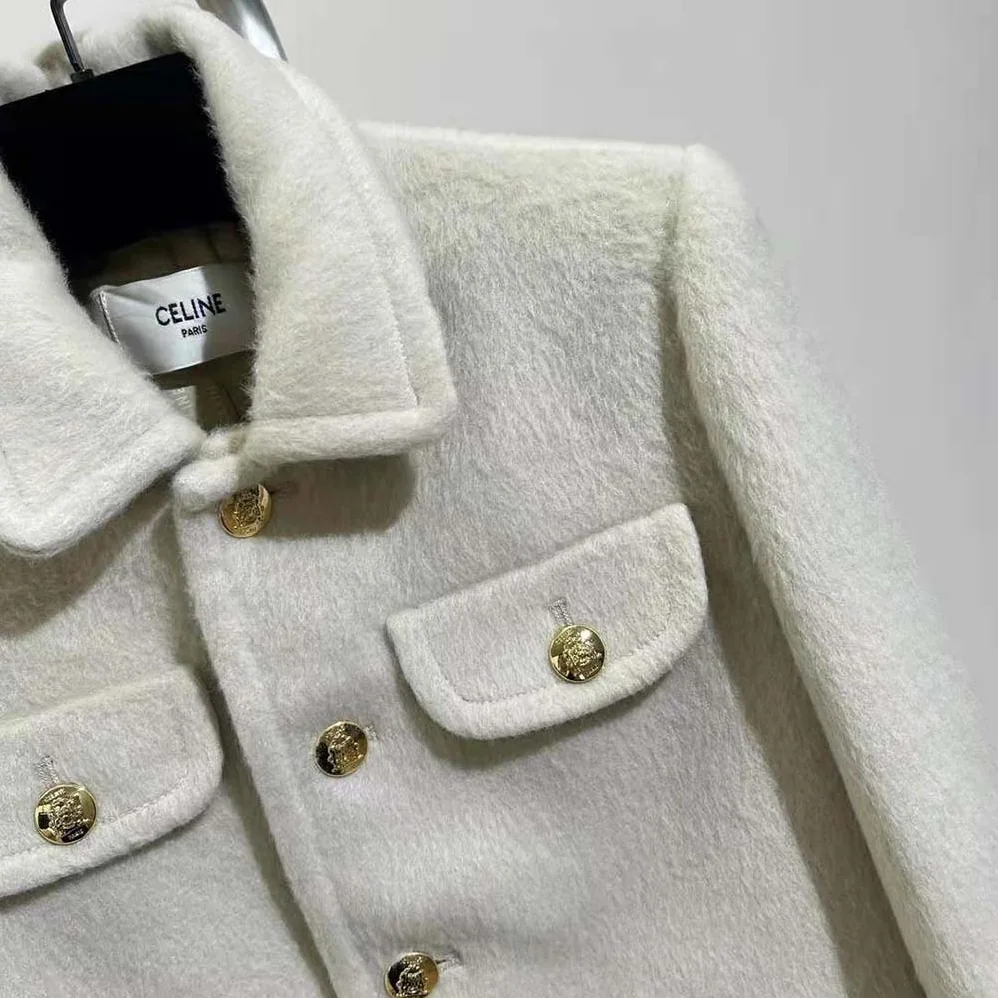 Celine Jacket with Claudine Collar in Wool Cloth for Women in Beige