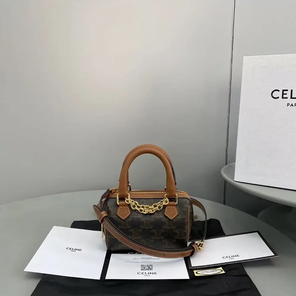 Celine Mini Boston in Triomphe Canvas and Calfskin for Women in Tan Celine Mini Boston in Triomphe Canvas and Calfskin for Women in Tan